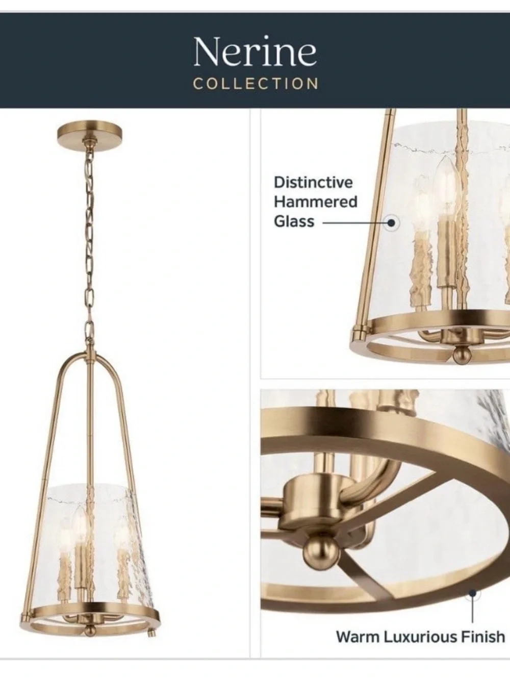 New Kichler Nerine Brass Hanging Pendant Light hammered glass champagne bronze